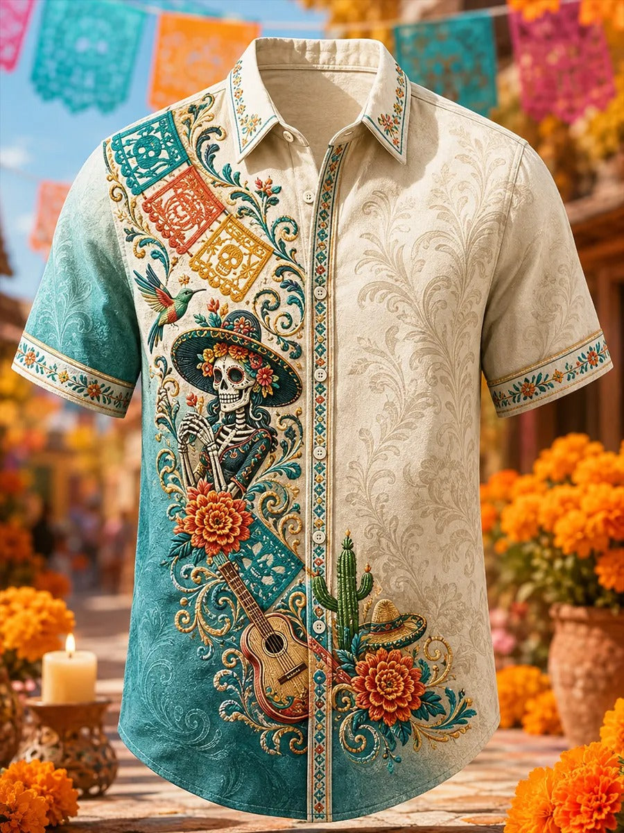 Men's Day Of The Dead Catrina Skeleton Hummingbird Desert Cactus Folk Guitar Floral Scroll Print Short Sleeve Buttons Shirt