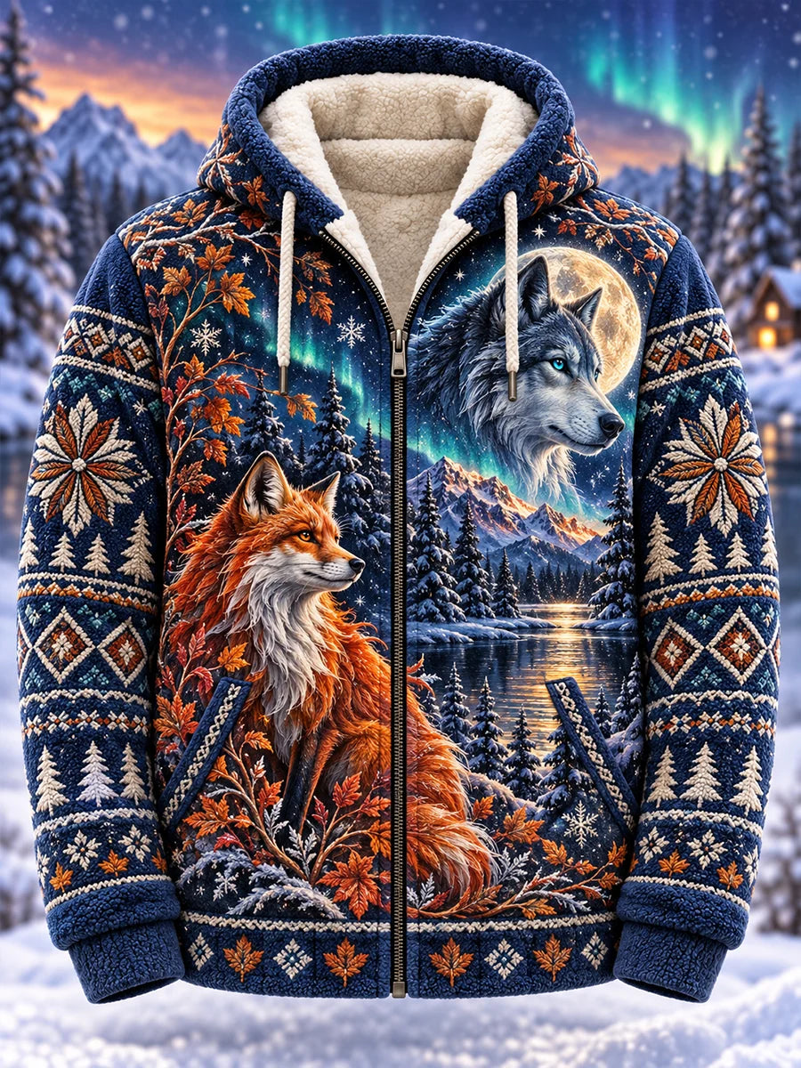 Men's Nordic Forest Animal Print Fleece-Lined Hoodie Jacket