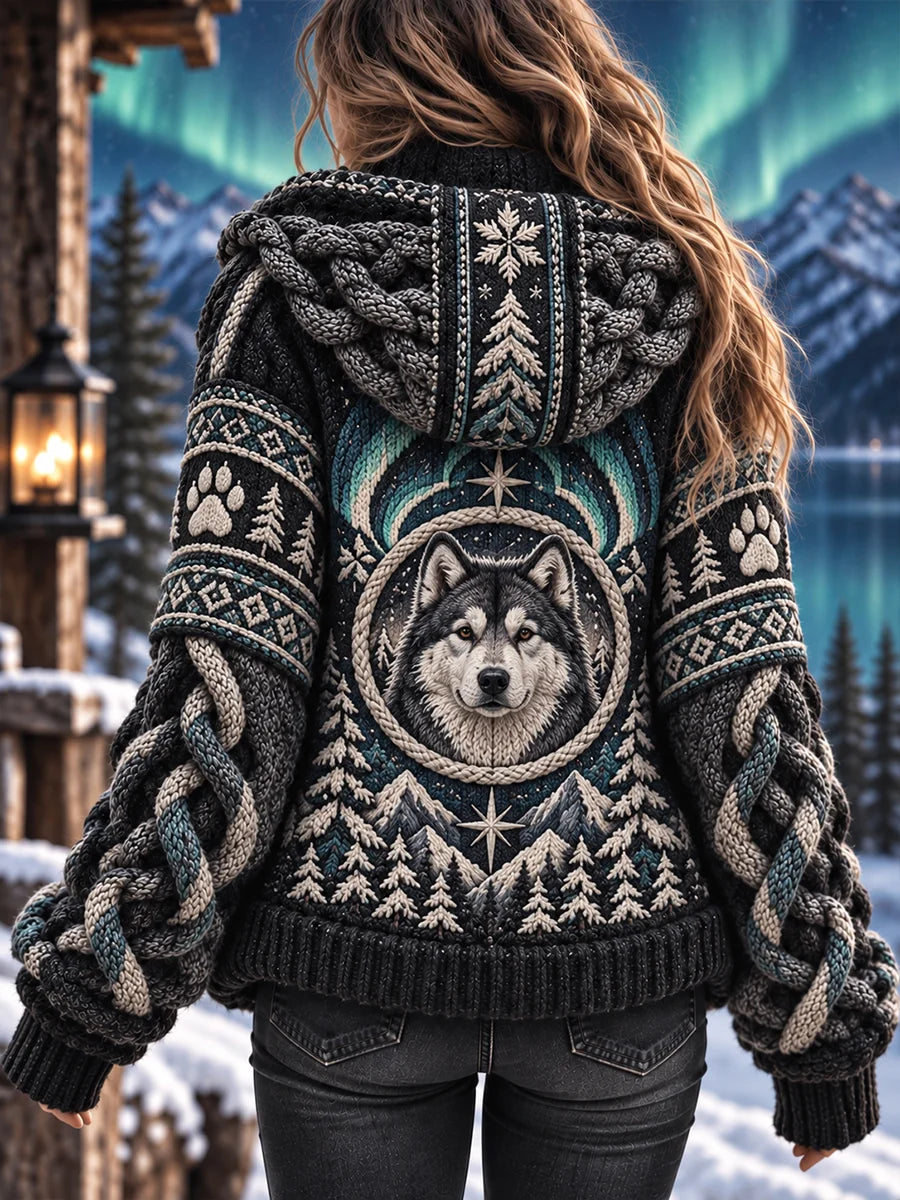 Women's Cozy Hooded Sweater Jacket with Vintage-Style Animal Art Print