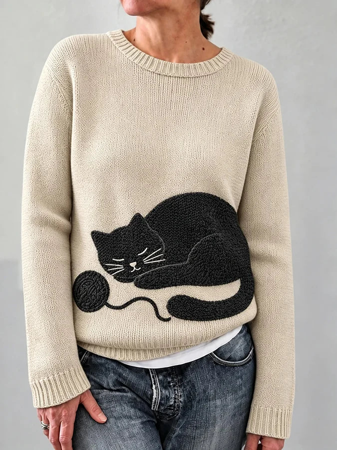 Women'S Cute Black Cat Print Comfortable Knit Sweater