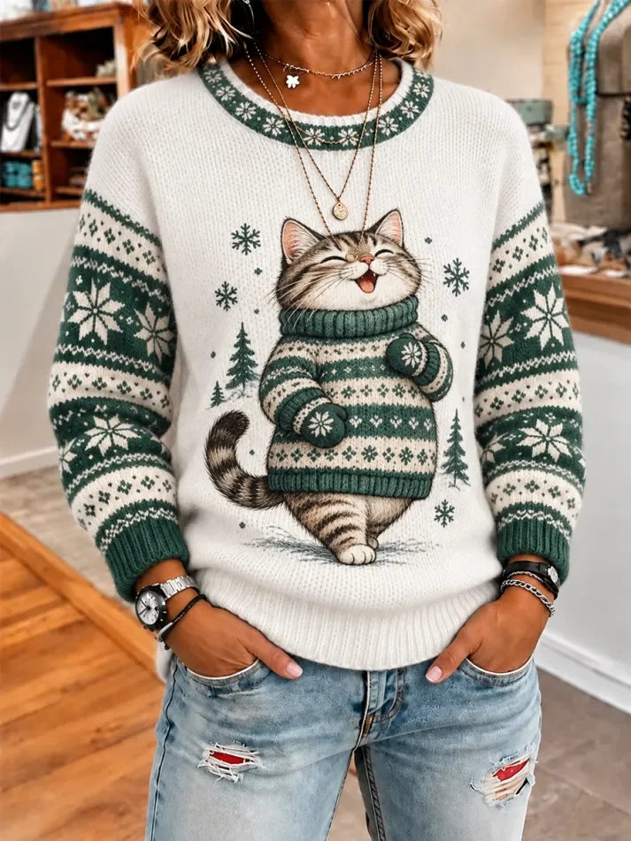 Women's Cute Winter Cat Print Long-Sleeve Knit Top