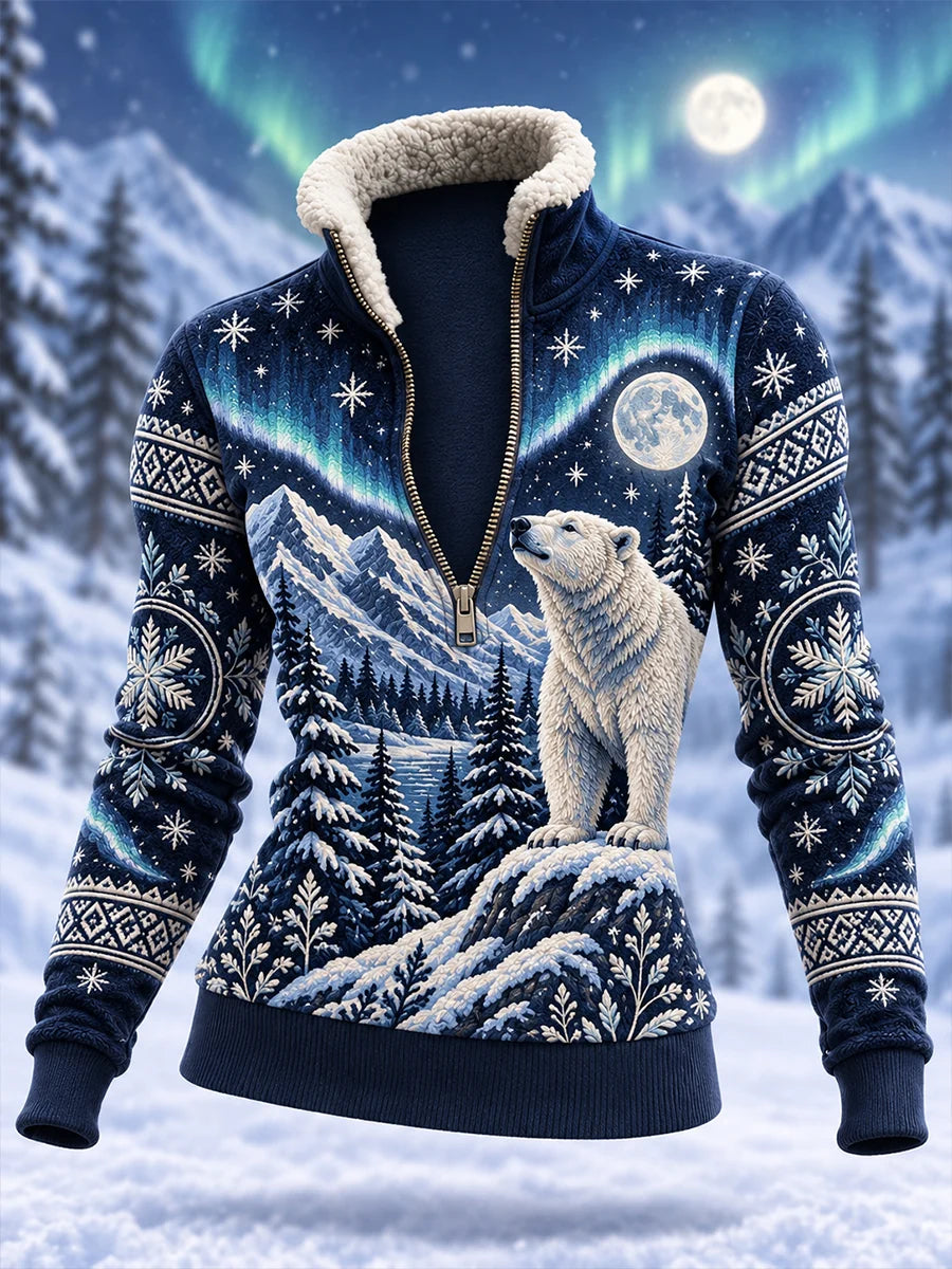 Women's Nordic Forest Animal Fleece-Lined Stand-Collar Sweatshirt