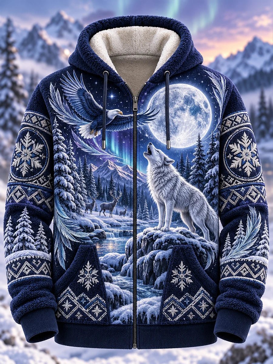 Men's Nordic Forest Animals Flannel Hooded Jacket