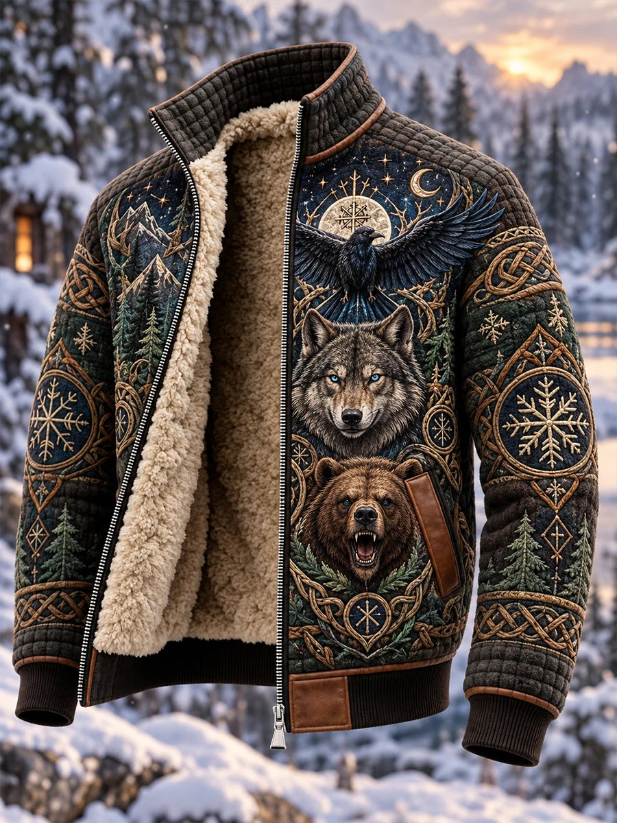Men's Nordic Forest Animal Print Fleece-Lined Stand-Collar Jacket