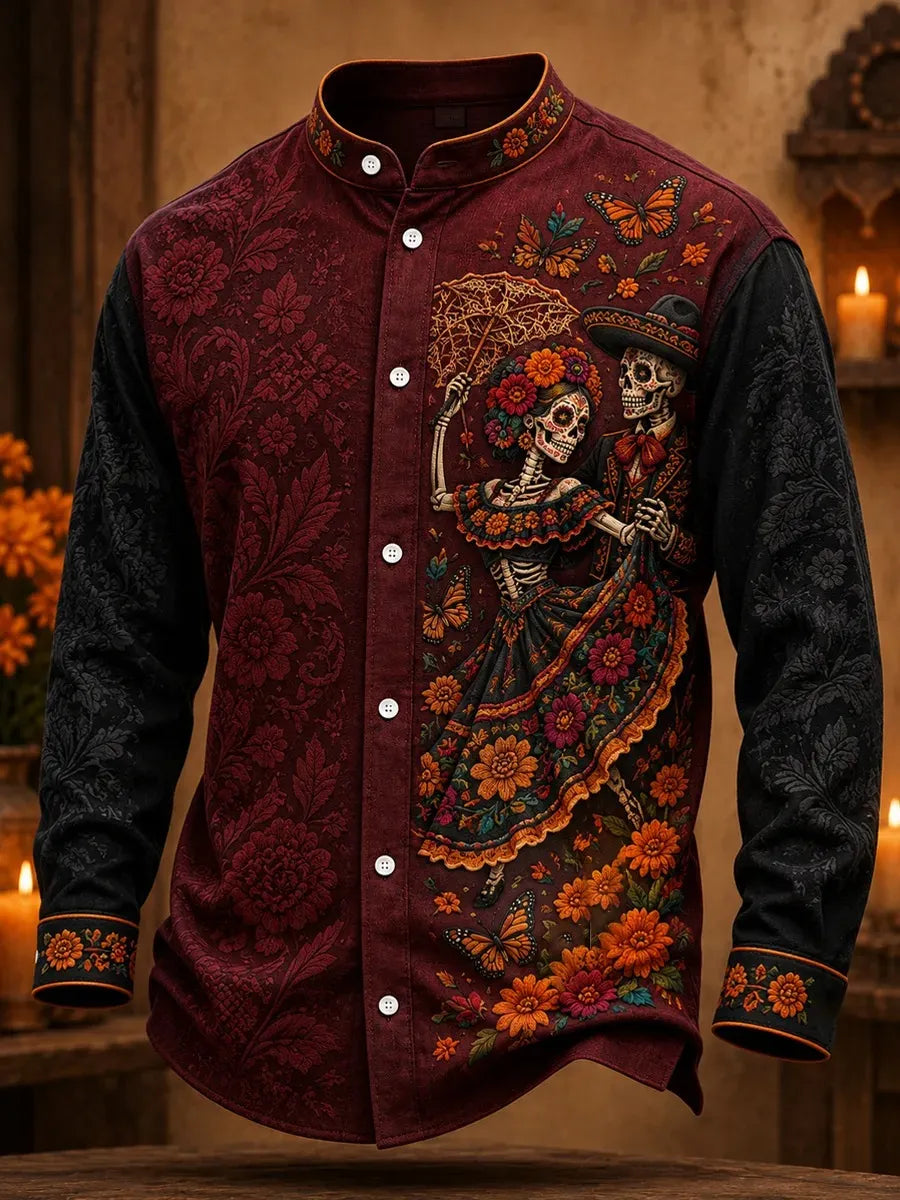 Men's Day of The Dead Dancing Skeleton Couple With Lace Parasol Print Long Sleeve Shirt