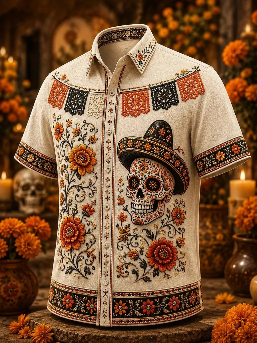Men's Day Of The Dead Calavera Skull Sombrero Folk Banner Lush Marigold Vine Print Short Sleeve Buttons Shirt