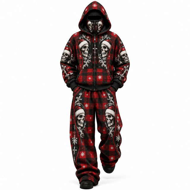 Gothic Skeleton Plaid Mask Hoodie Tracksuit Set