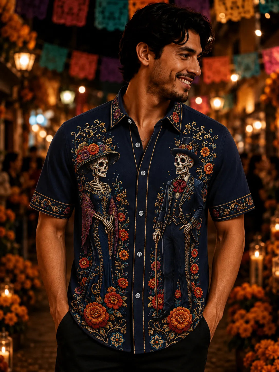 Men's Day Of The Dead Elegant Skeleton Couple And Lush Marigold Blooms Print Short Sleeve Buttons Shirt