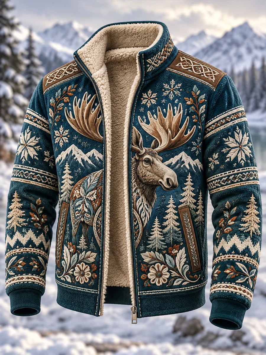 Men's Nordic Forest Animal Fleece-Lined Stand-Collar Jacket