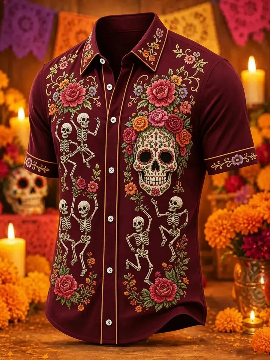 Men's Day Of The Dead Dancing Skeleton Calavera Rose Floral Print Short Sleeve Buttons Shirt