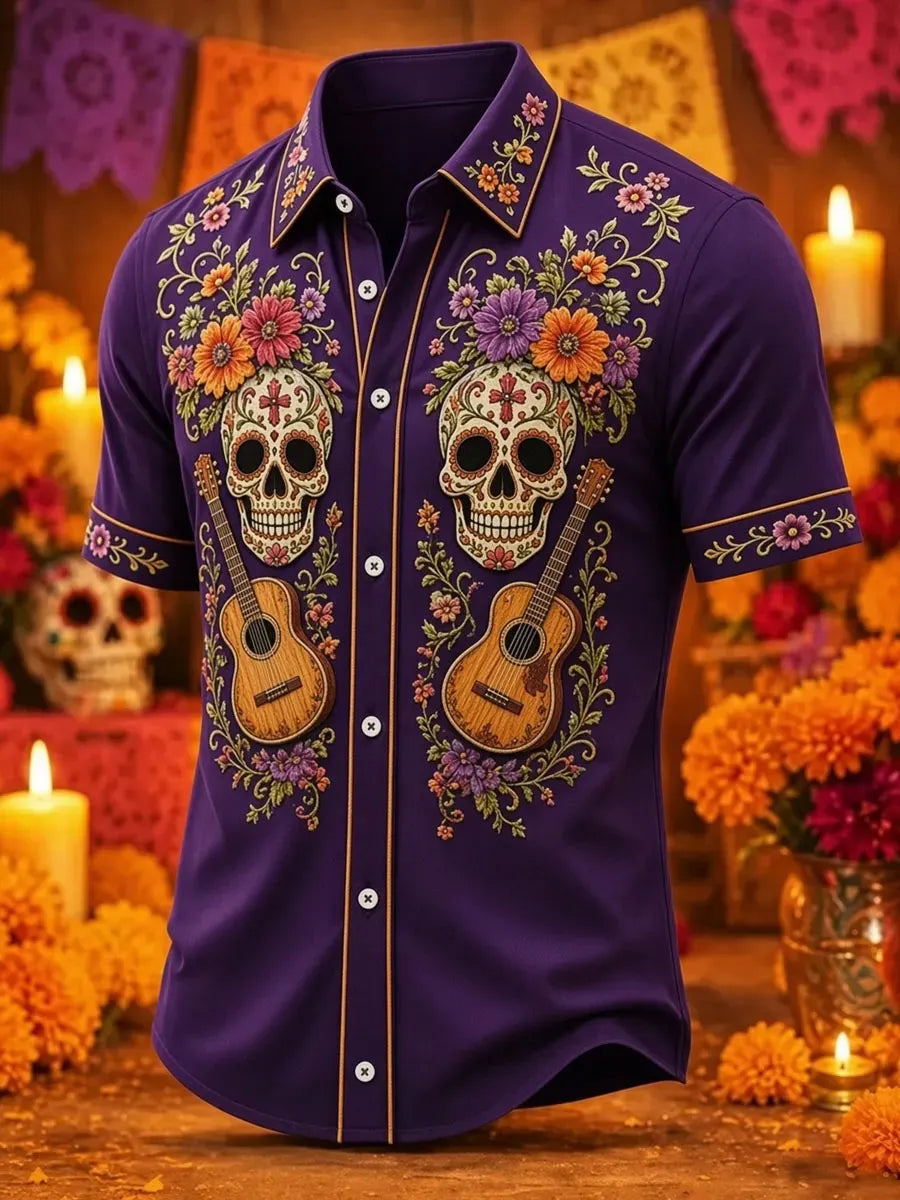 Men's Day Of The Dead Twin Skull Guitar Mixed‑Petal Floral Print Short Sleeve Buttons Shirt