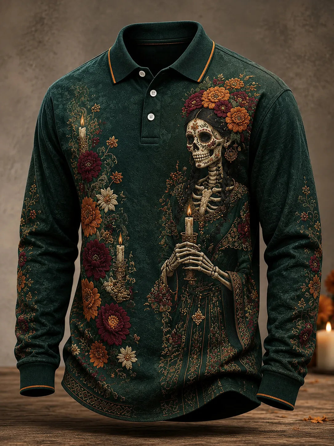 Men's Day Of The Dead Skeleton Woman Ritual Blooms Print Long Sleeve Polo Shirt