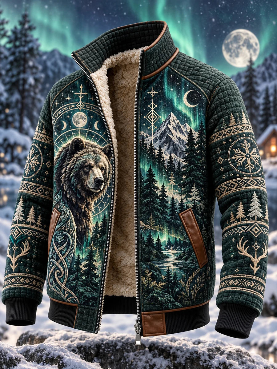 Men's Nordic Forest Animal Print Fleece-Lined Stand-Collar Jacket