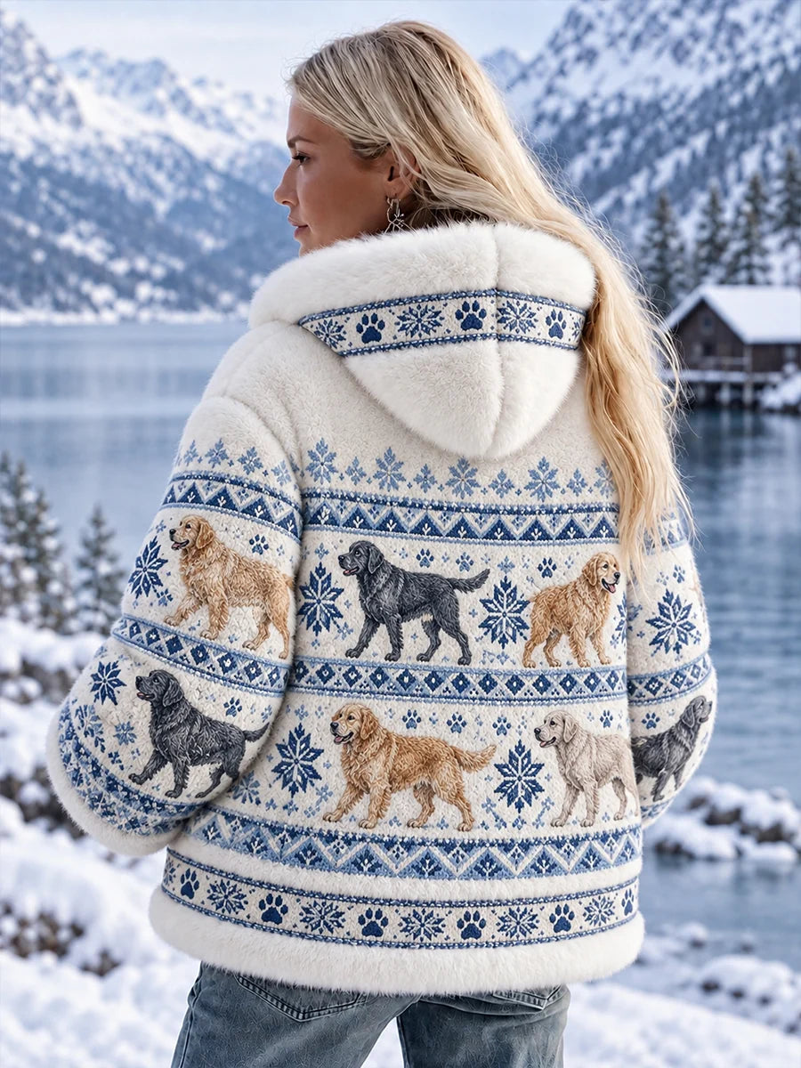 Women's Cozy Flannel Hooded Jacket with Vintage-Style Animal Art Print