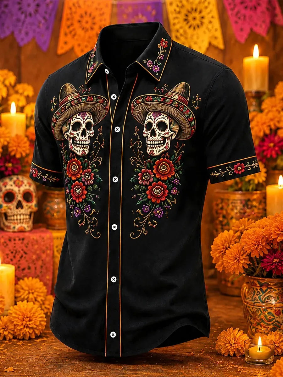 Men's Day Of The Dead Twin Sombrero Skulls And Lush Florals Print Short Sleeve Buttons Shirt