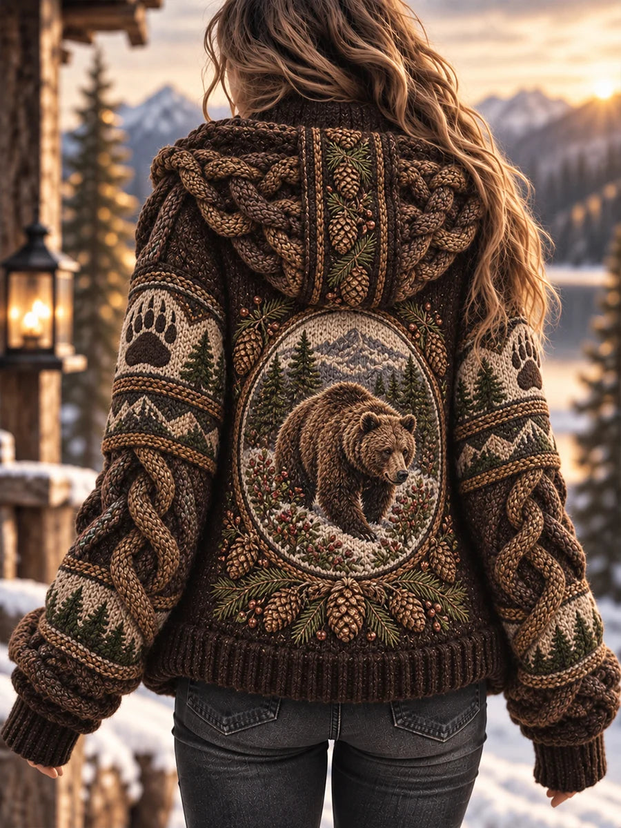 Women's Cozy Hooded Sweater Jacket with Vintage-Style Animal Art Print