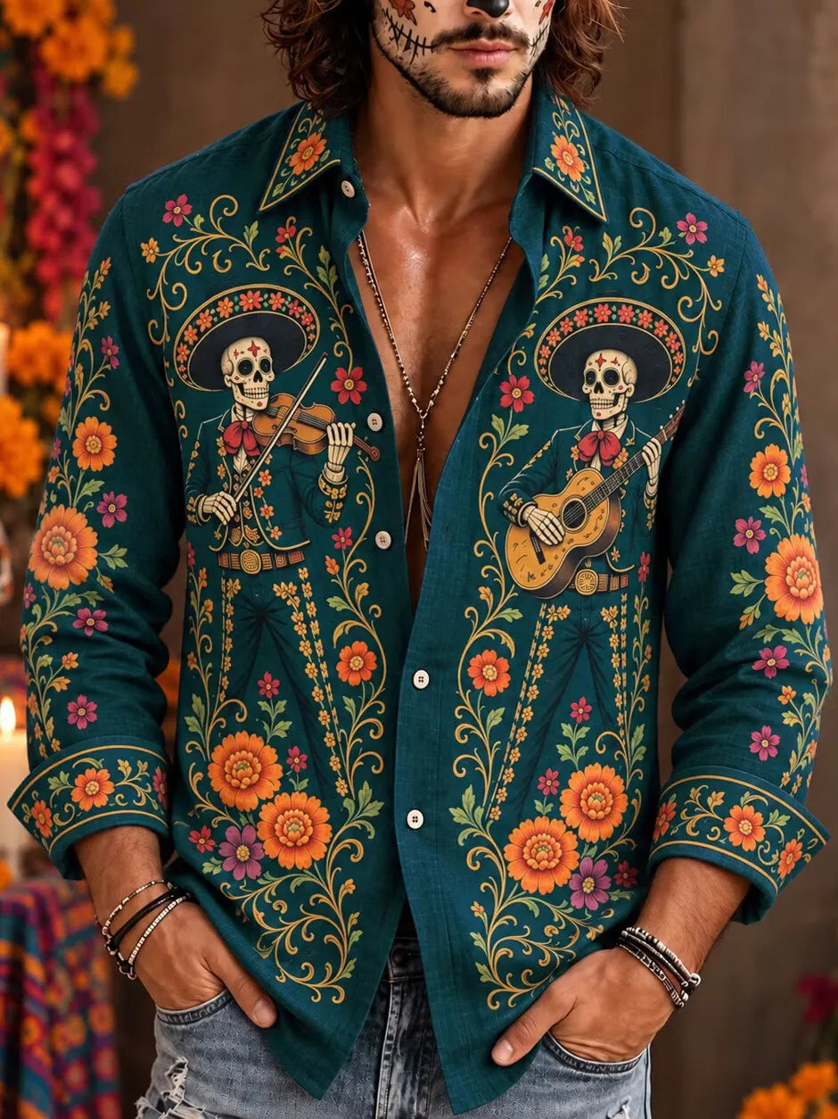 Men's Day Of The Dead Sombrero Skeleton String Players Print Long Sleeve Shirt