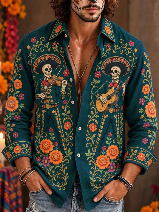 Men's Day Of The Dead Sombrero Skeleton String Players Print Long Sleeve Shirt