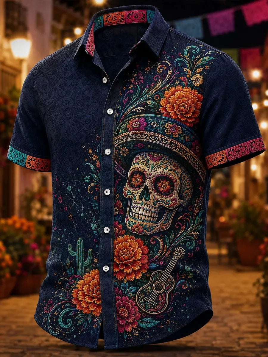 Men's Day Of The Dead Sombrero Sugar‑Skull Guitar Cactus Vibrant Marigold Swirl Floral Print Short Sleeve Buttons Shirt
