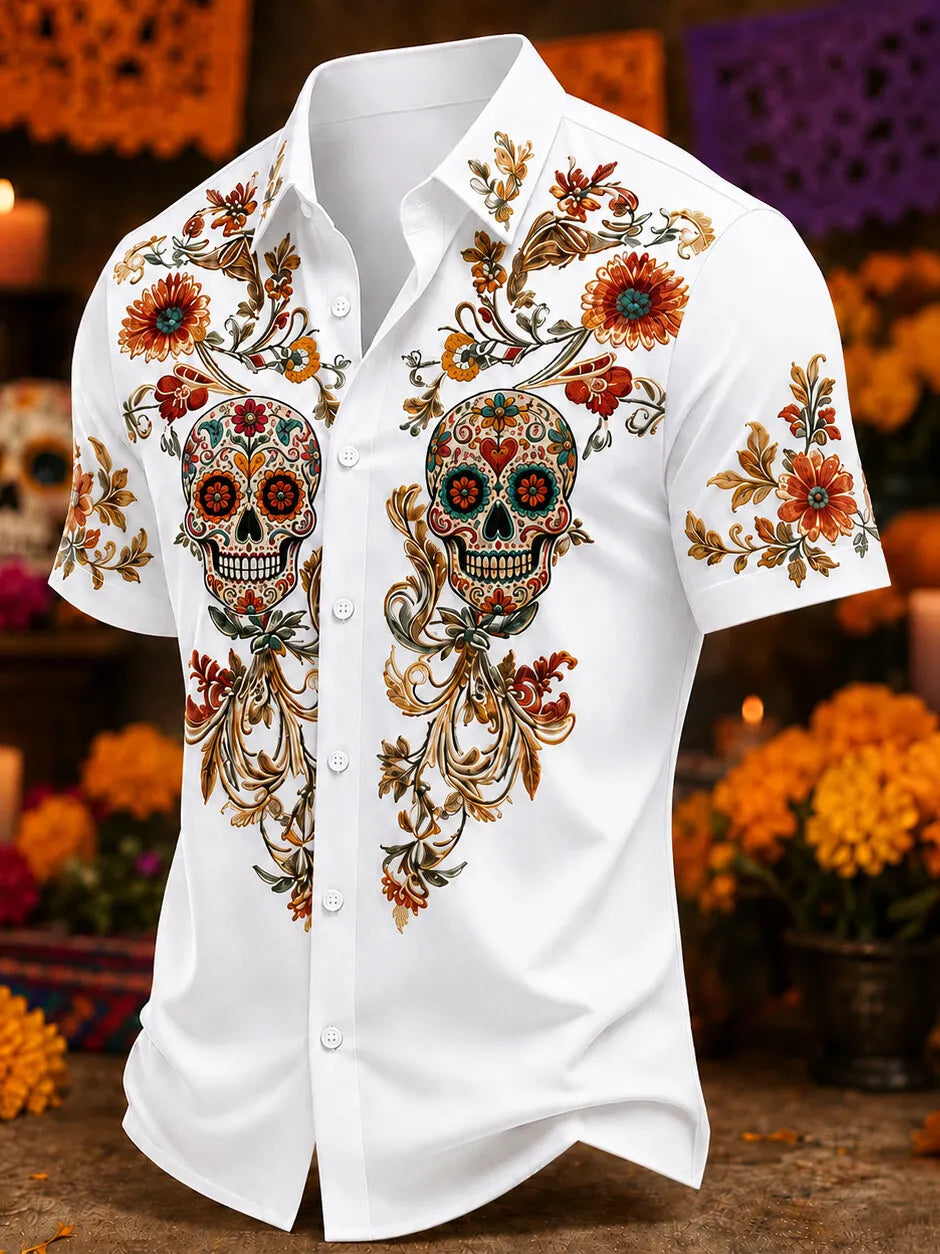 Men's Ornate Vine Floral Calaveras Day of the Dead Print Short Sleeve Buttons Shirt