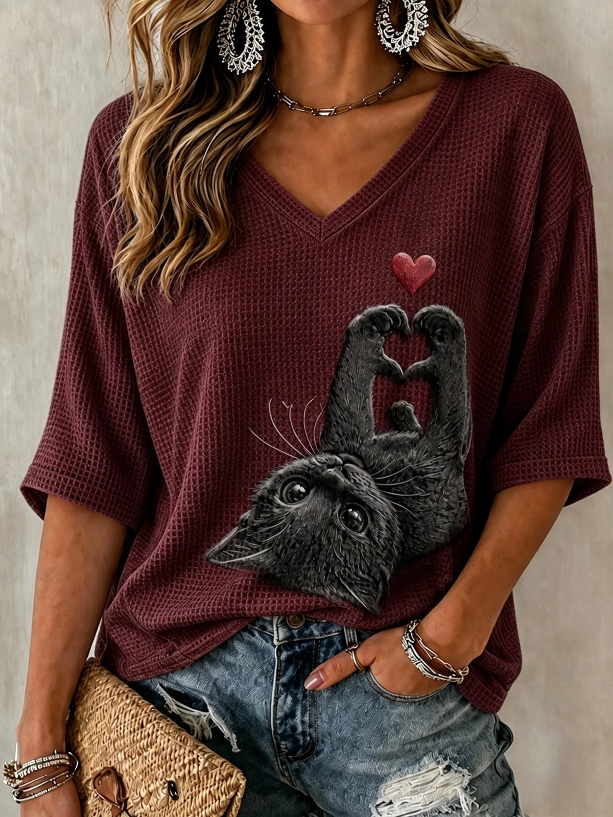 Women's Vintage Casual Cat Print T-Shirt