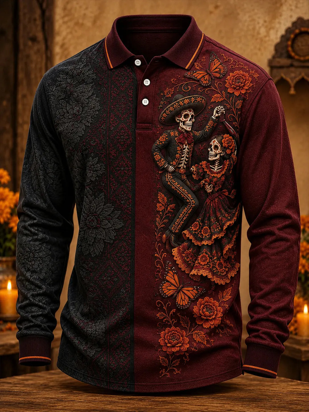 Men's Day Of The Dead Dancing Couple Skeleton Butterfly Marigold Floral Print Long Sleeve Polo Shirt