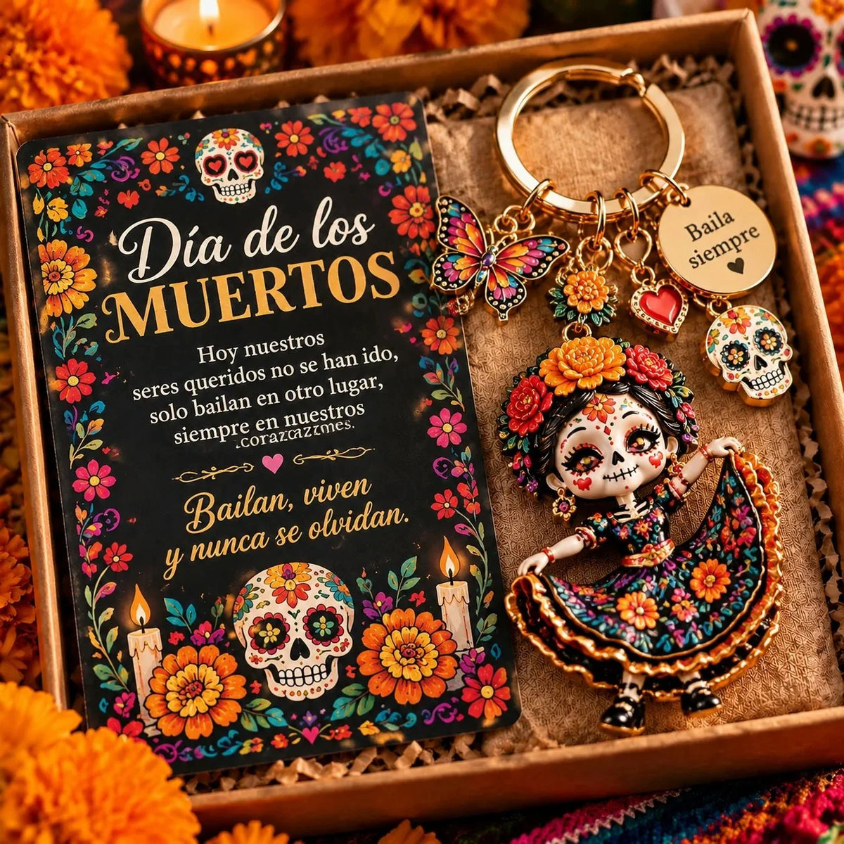 🌼 Día de Muertos Charm Keychain | 4 Colorful Floral & Skull-Inspired Styles