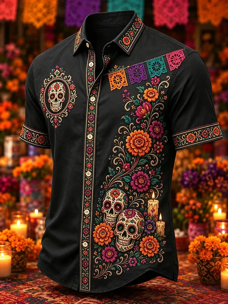 Men's Day Of The Dead Print Short Sleeve Buttons Shirt