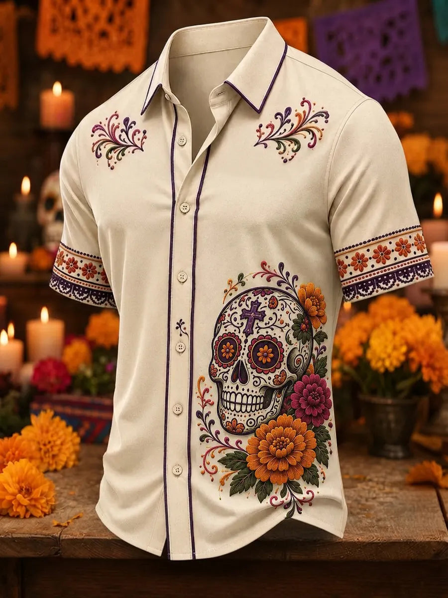 Men's Day Of The Dead Cross‑Patterned Sugar Skull And Marigolds Print Short Sleeve Buttons Shirt