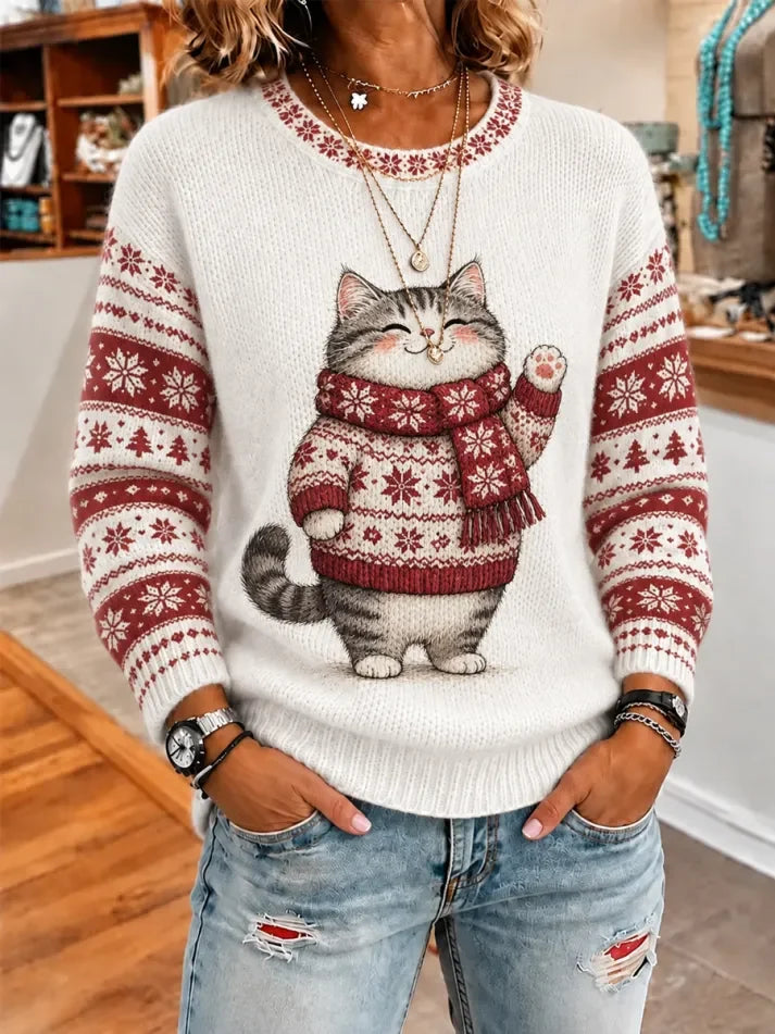 Women's Cute Winter Cat Print Long-Sleeve Knit Top