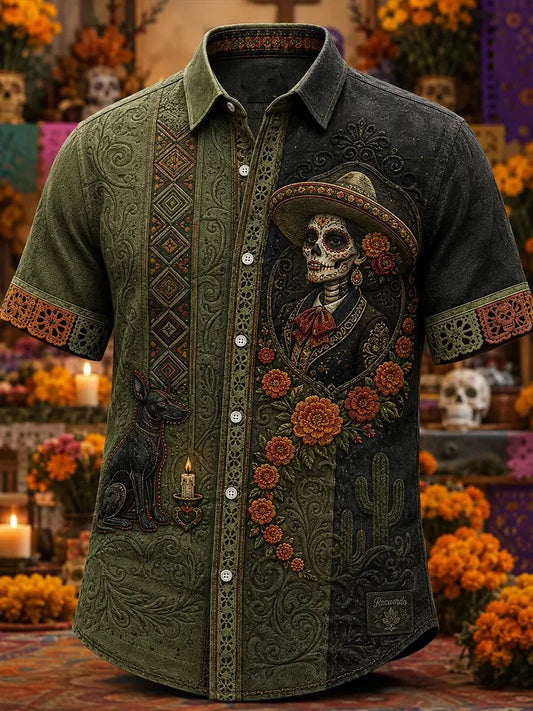 Men's Day Of The Dead Catrina Skeleton Dog Candle Cactus Marigold Ethnic Floral Print Short Sleeve Buttons Shirt