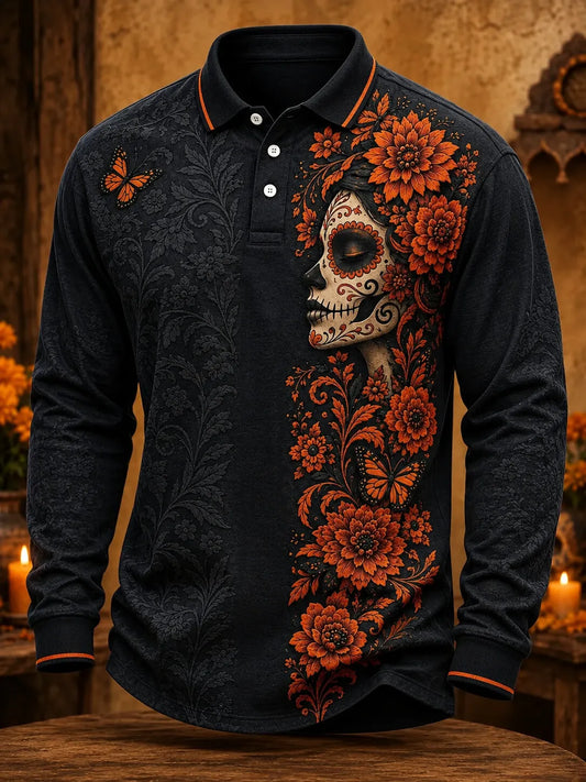 Men's Day Of The Dead Marigold Sugar Skull Print Long Sleeve Polo Shirt