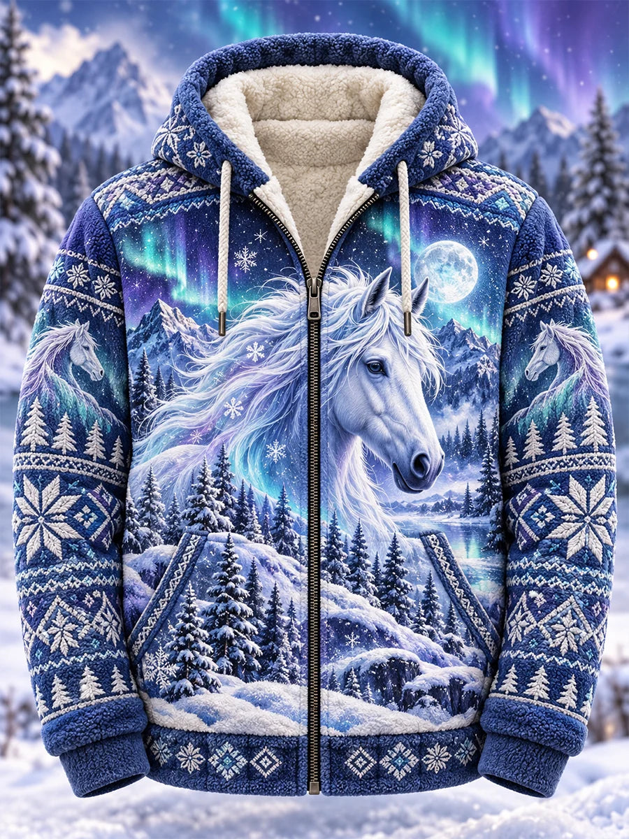 Men's Nordic Forest Animal Print Fleece-Lined Hoodie Jacket