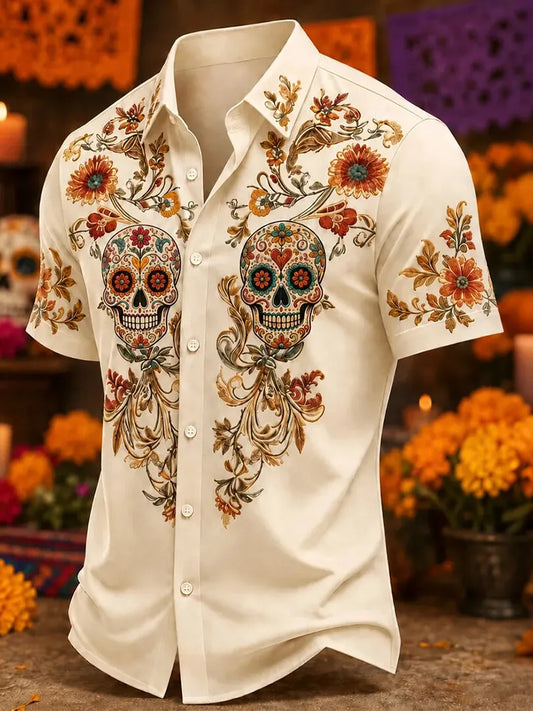 Men's Ornate Vine Floral Calaveras Day of the Dead Print Short Sleeve Buttons Shirt
