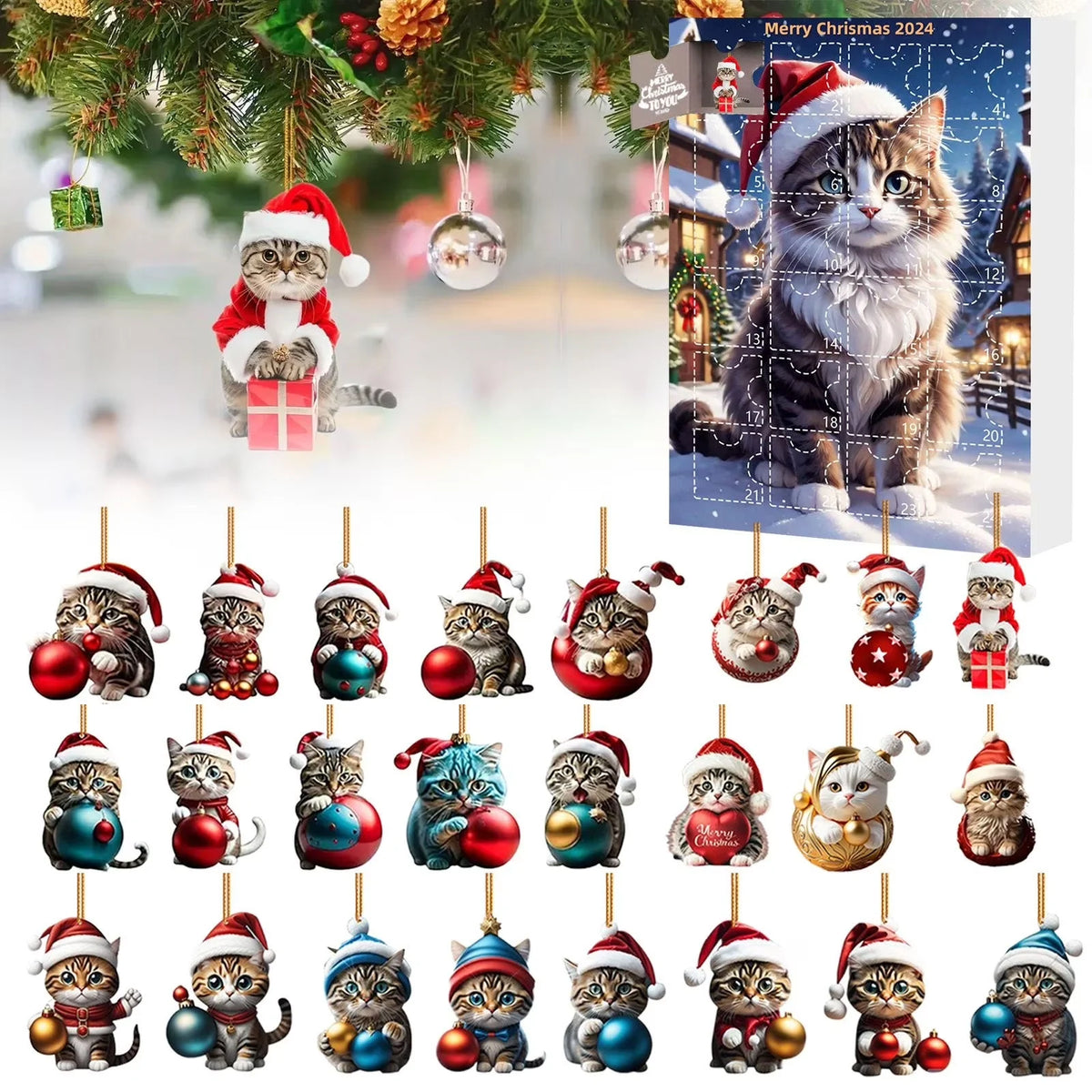 2026 Cats Advent Calendar, Advent Calendar 2026, Countdown for Cats Christmas 24 Days Christmas Advent Calendar with Hanging Decoration for Cats in 2D Acrylic（2D Acrylic Flat）