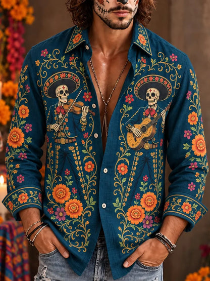 Men's Day Of The Dead Sombrero Skeleton String Players Print Long Sleeve Shirt