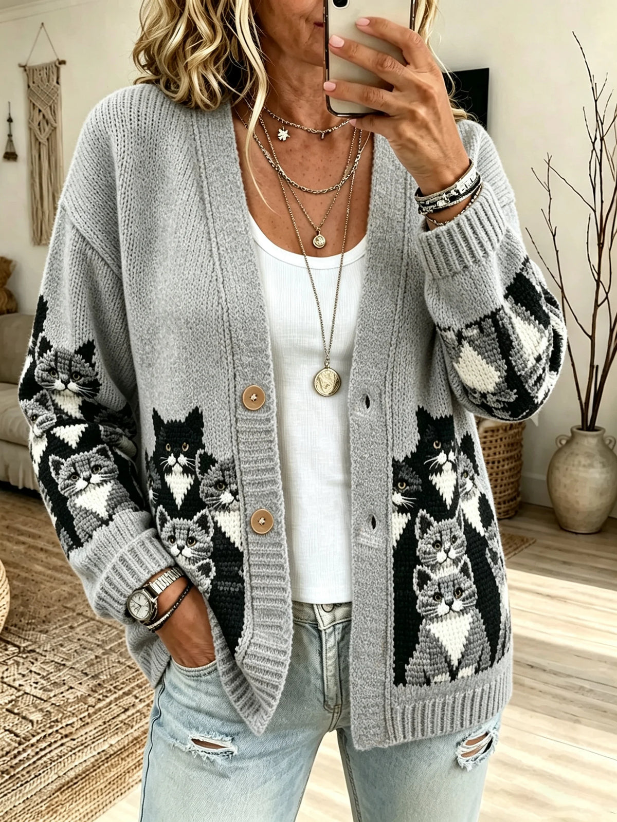 Women's Retro Cat Print Sweater Jacket