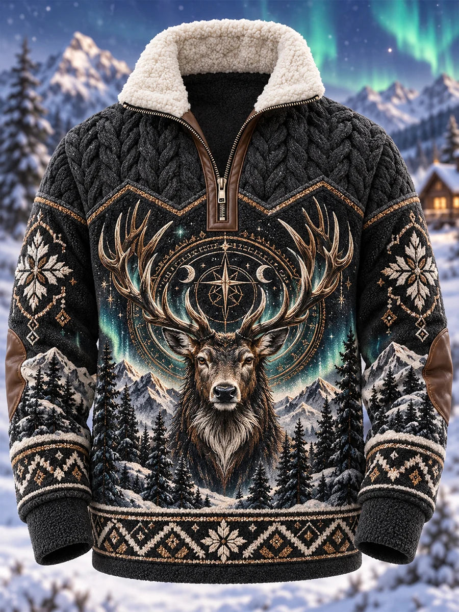 Men's Nordic Forest Animal Fleece-Lined Long-Sleeve Sweatshirt