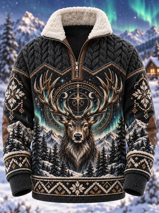 Men's Nordic Forest Animal Fleece-Lined Long-Sleeve Sweatshirt