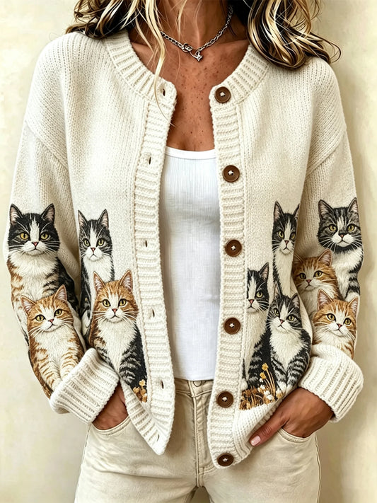 Women's Retro Cat Print Sweater Jacket