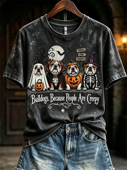 Women's Bulldogs Because People Are Creepy Halloween Dogs Print short-sleeved T-shirt