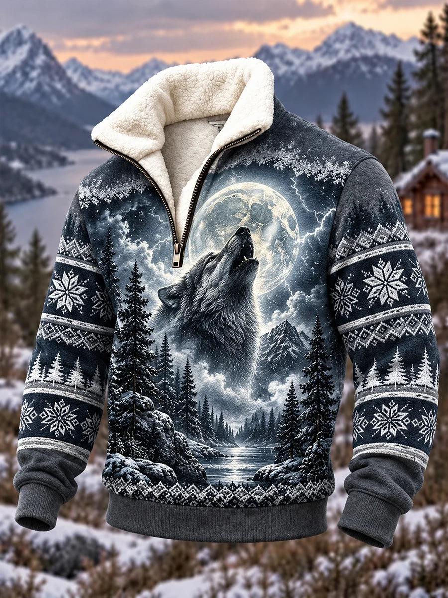 Men's Nordic Forest Animal Fleece-Lined  Casual Sweatshirt