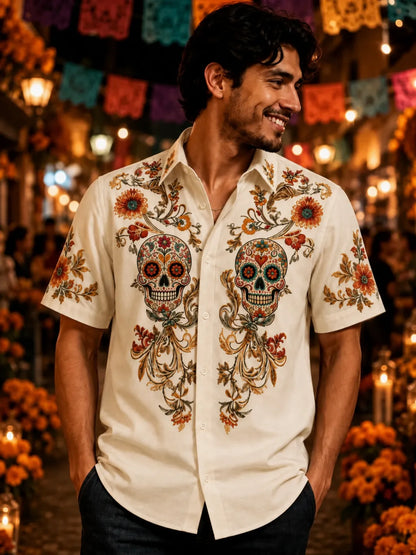 Men's Ornate Vine Floral Calaveras Day of the Dead Print Short Sleeve Buttons Shirt