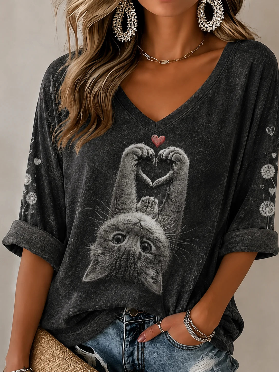 Women's Vintage Casual Cat Print T-Shirt