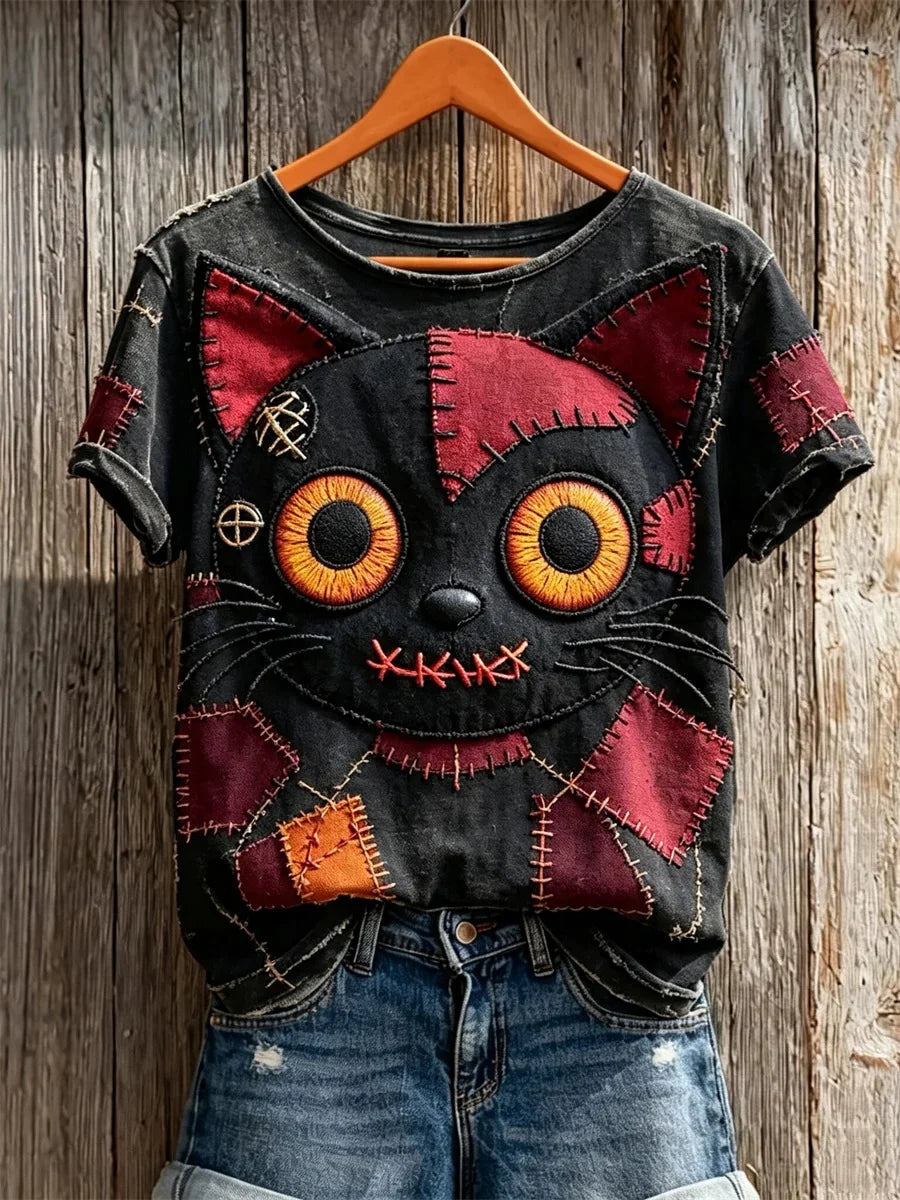 Women's Vintage Stitched Cat Monster Patchwork Art Print short-sleeved T-shirt