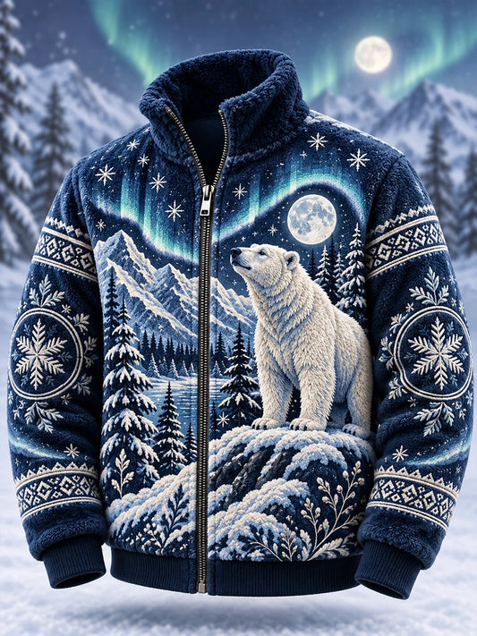 Men's Nordic Forest Animal Print Fleece-Lined Stand-Collar Jacket