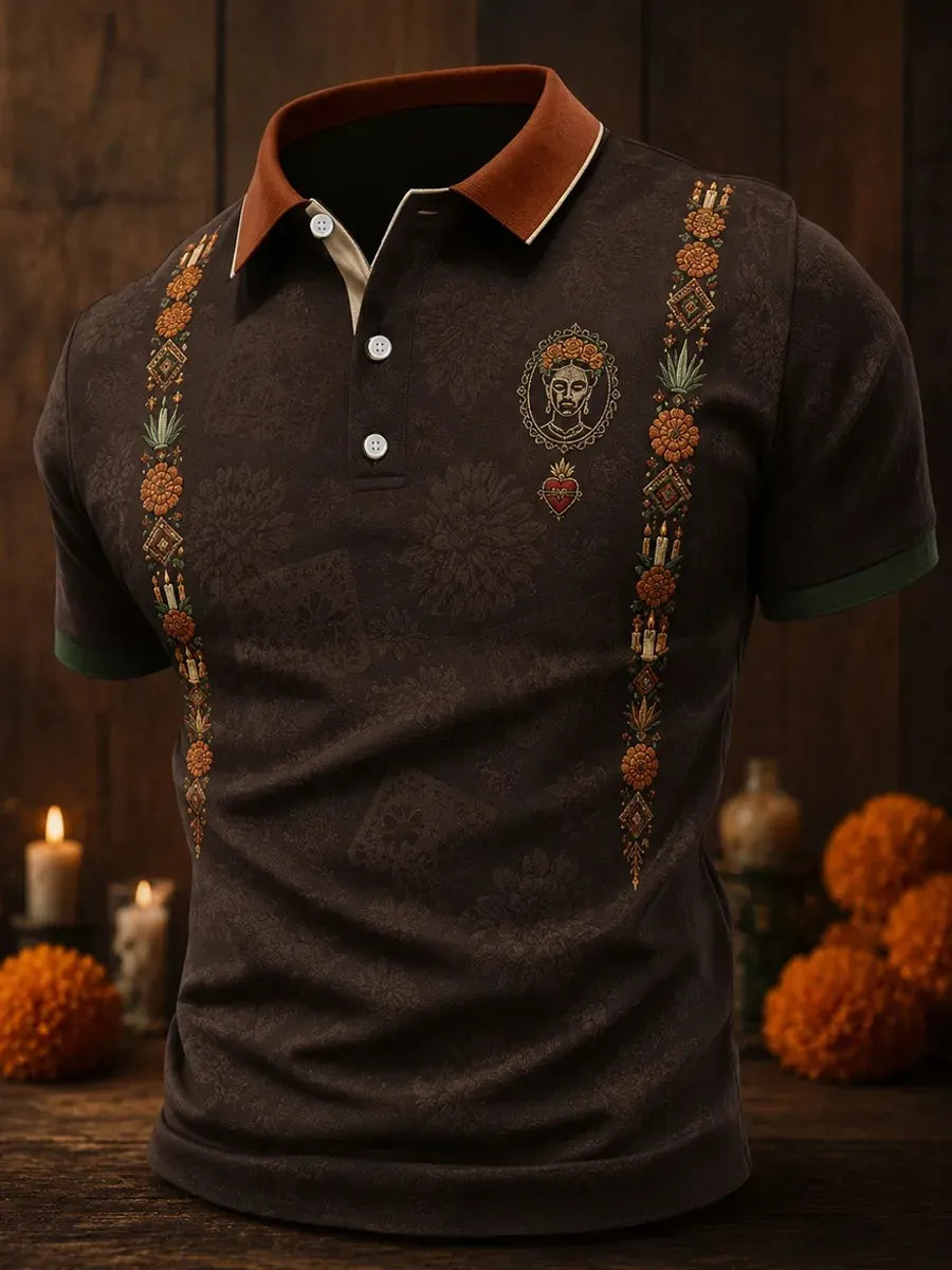 Men's Day Of The Dead Flowers Print Short Sleeve Polo Shirt