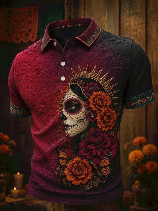 Men's Day Of The Dead Lady Face Marigold Butterfly Print Short Sleeve Polo Shirt