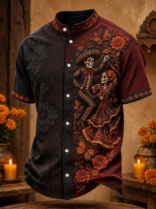 Men's Day Of The Dead Dancing Couple Skeleton Butterfly Marigold Floral Print Stand Collar Short Sleeve Shirt