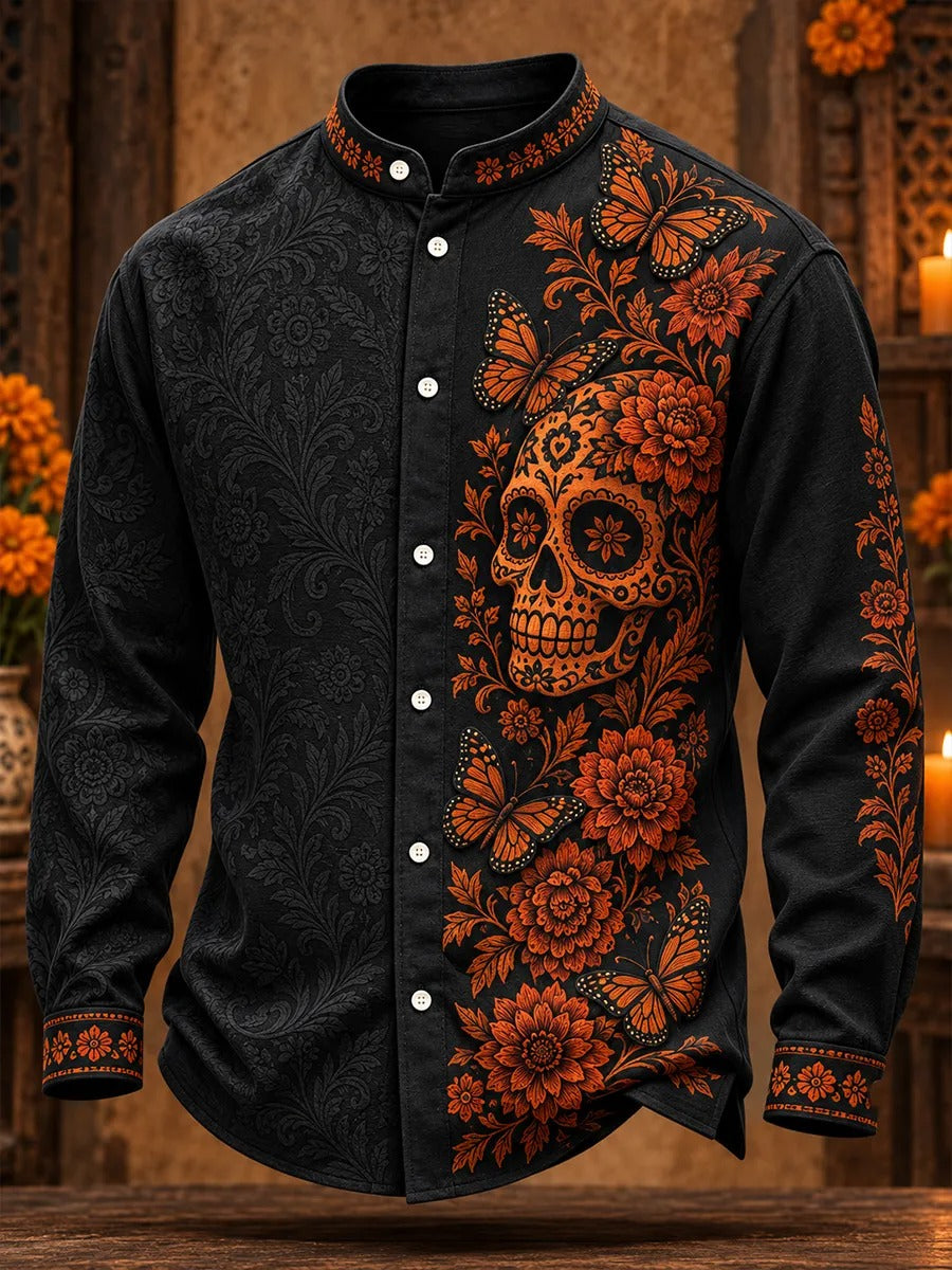 Men's Day of the Dead Motif Monarch Butterfly Skull Print Long Sleeve Shirt